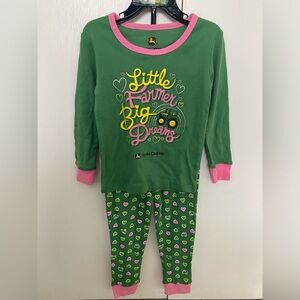 NWOT John Deere Girls 3T Green And Pink Pajama Set, Long Sleeve Pant Tractor Set